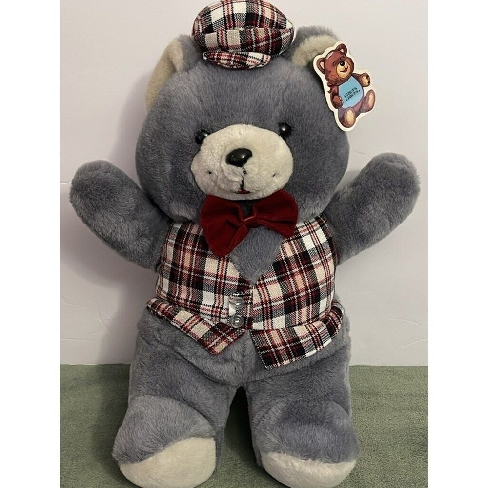 Vintage‎ Circus Circus Las Vegas Reno Grey Teddy Bear Plaid Vest Newsboy Cap NWT